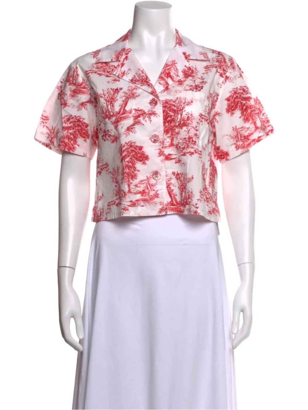 Cara Cara White Crop Button-Down with Red Toile Print